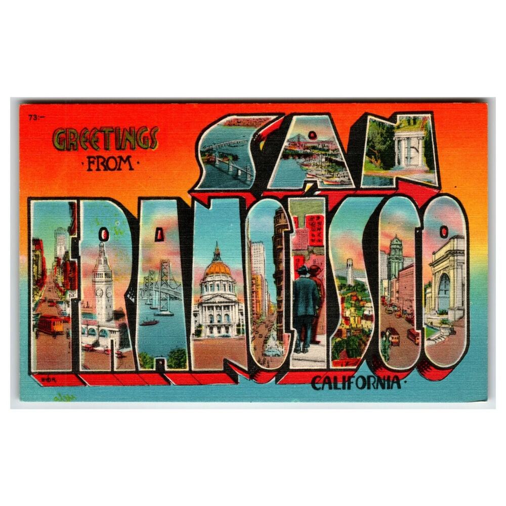 Greetings From San Francisco California Linen Postcard Scenic View Card Co.